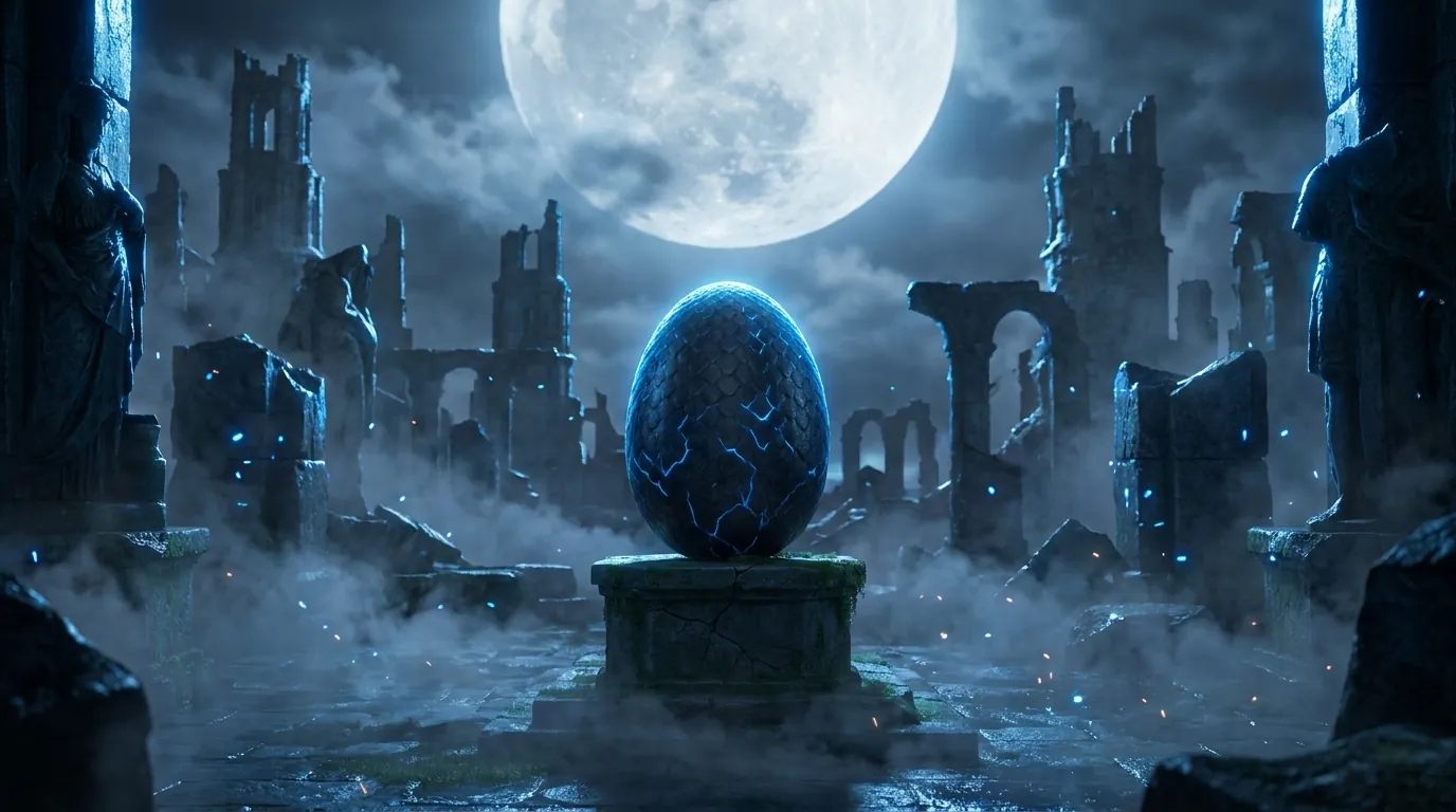 A single dark dragon egg with faint blue markings resting on a stone pedestal beneath a full moon, surrounded by ruined towers