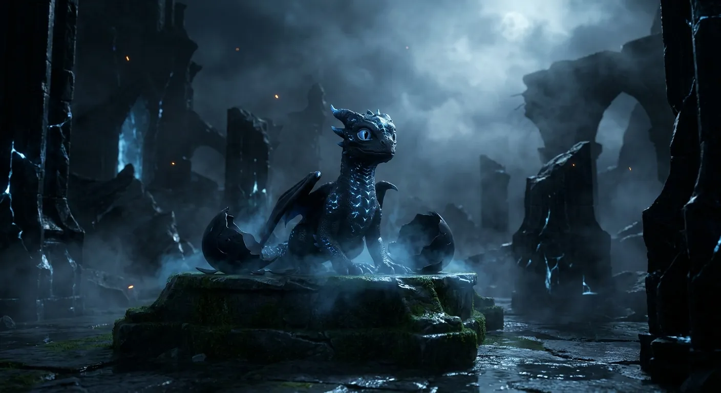 A tiny charcoal hatchling dragon with bright blue eyes perched on a mossy stone pedestal between broken eggshells, mist curling through the ruins