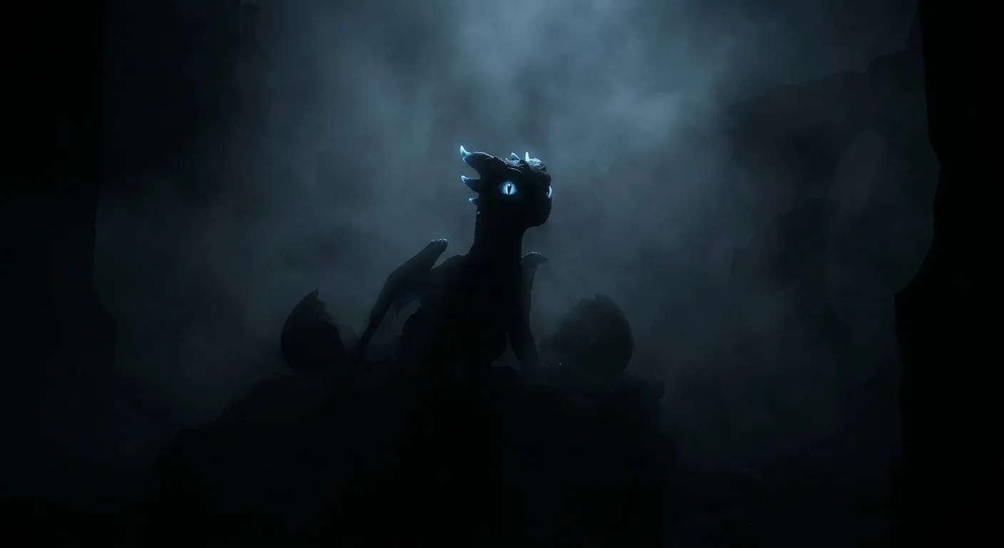 A small dragon silhouette in thick fog, only its glowing blue eyes visible