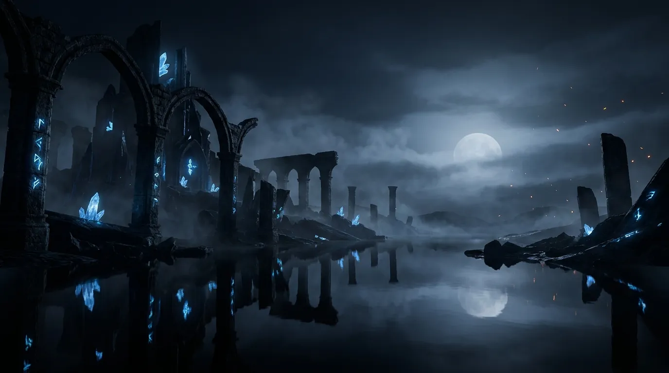 Moonlit ruins of the Drowned Kingdom reflected in still water, blue flames glowing in broken arches