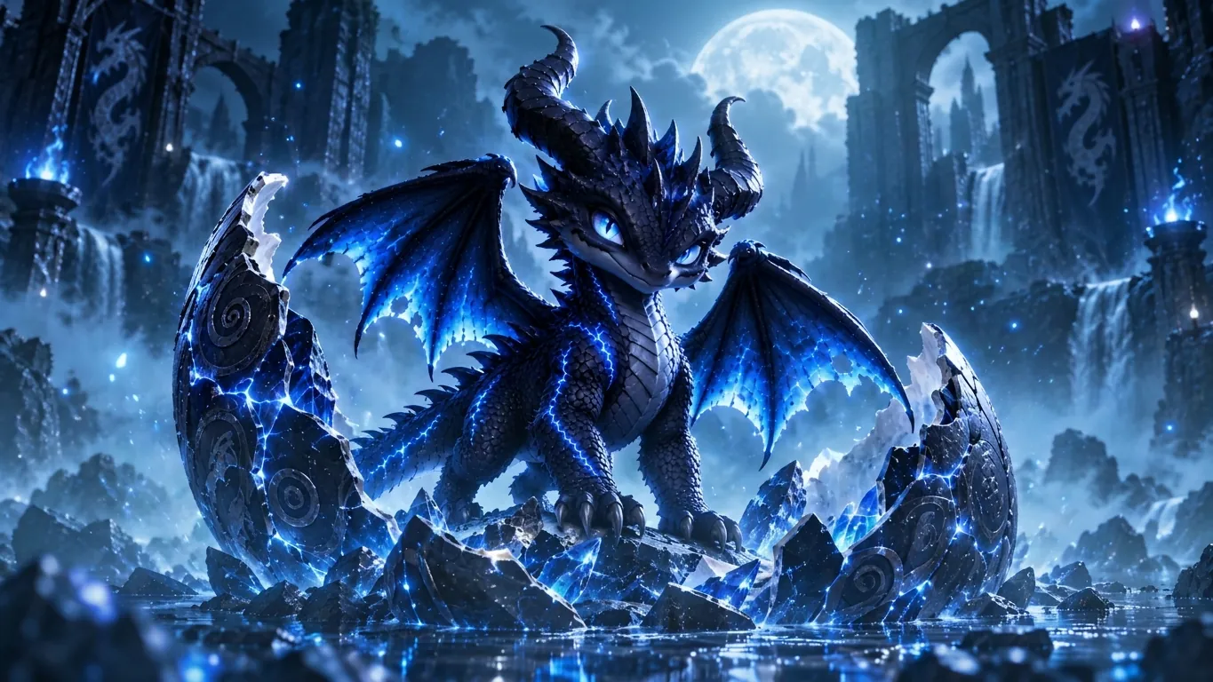 Smidge as a hatchling: charcoal scales, glowing blue wings, standing among shattered eggshell
