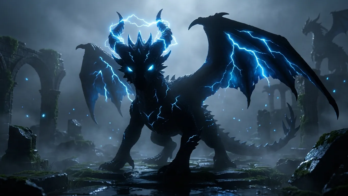 A sealed evolution: a shadowed dragon crackling with blue lightning