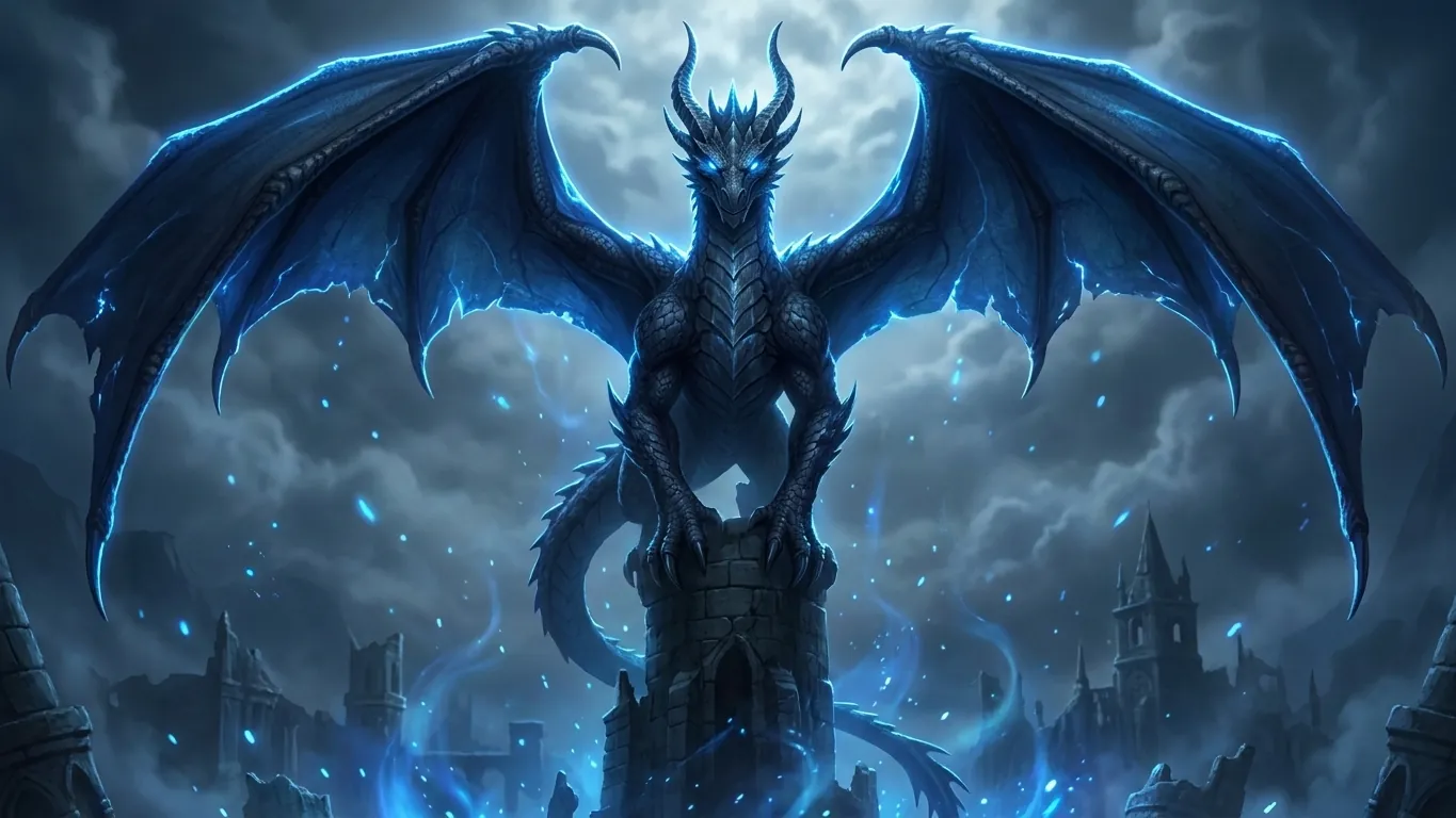 A sealed evolution: a great winged guardian standing over the ruins beneath storm clouds