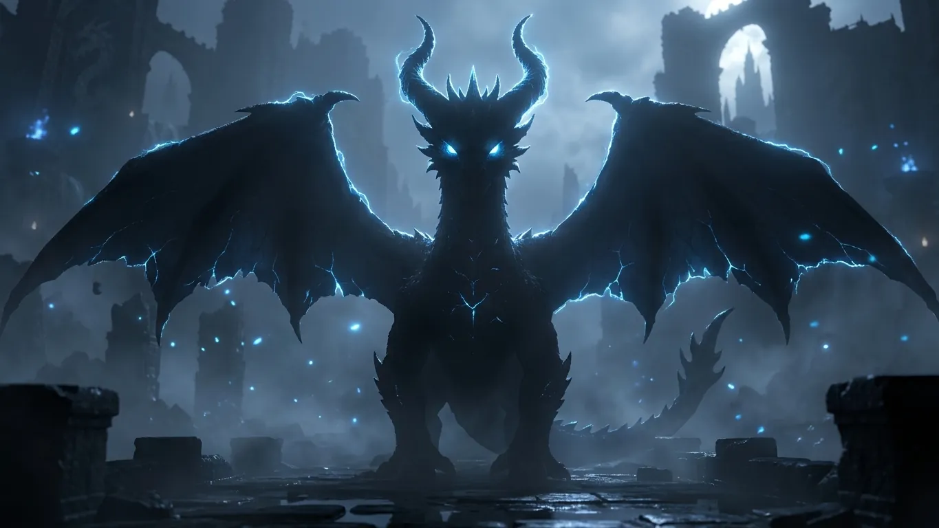 An unknown final evolution hidden in darkness, only horns and vast wings outlined